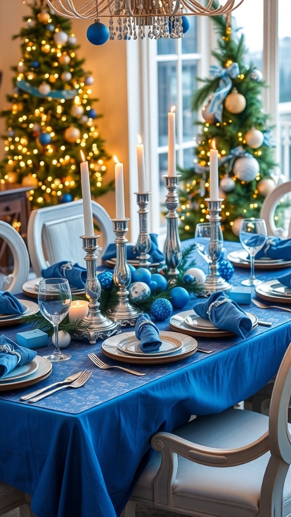 A Christmas table setting with blue and silver decorations, including a blue tablecloth, silver dinnerware, and a centerpiece of candles and ornaments.